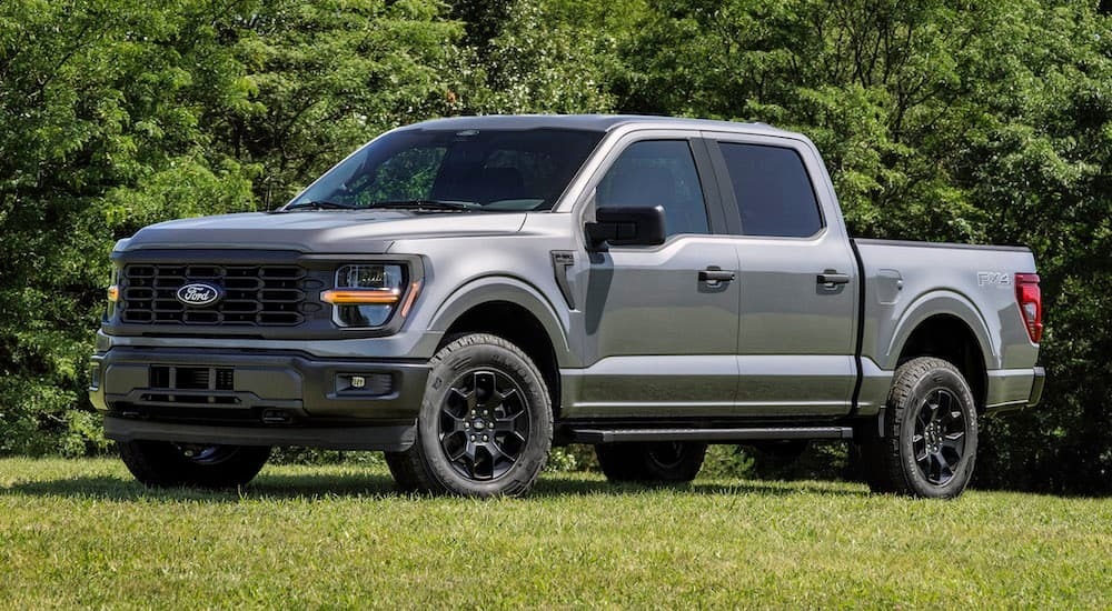 A grey 2024 Ford F-150 STX is shown from the side while parked near a dealer that has a Ford F-150 for sale