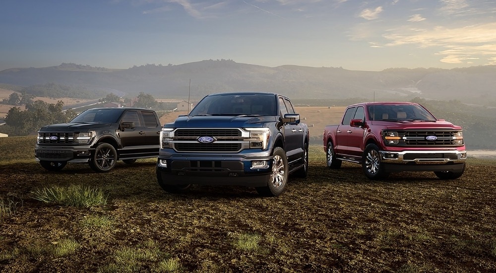 A black, a blue, and a red 2026 Ford F-150 for sale near Kingston parked off-road
