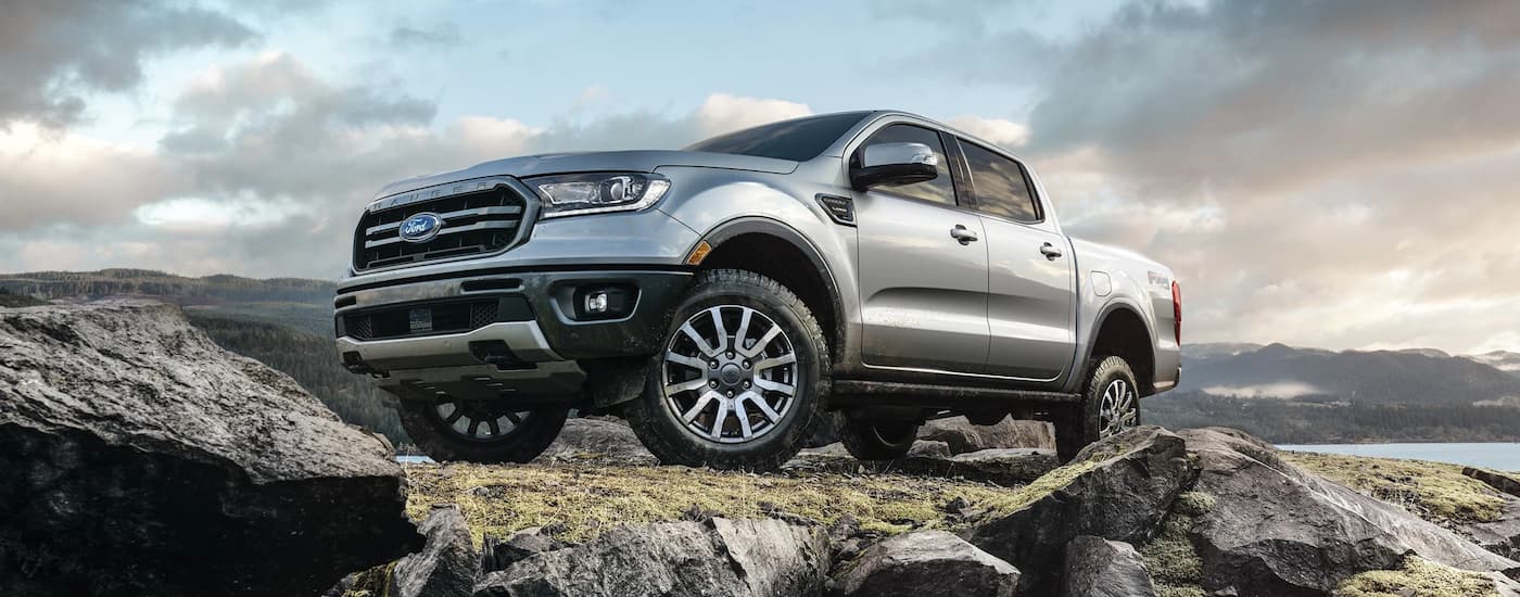 Silver 2022 Ford Ranger is shown parked on top of a hiking trail